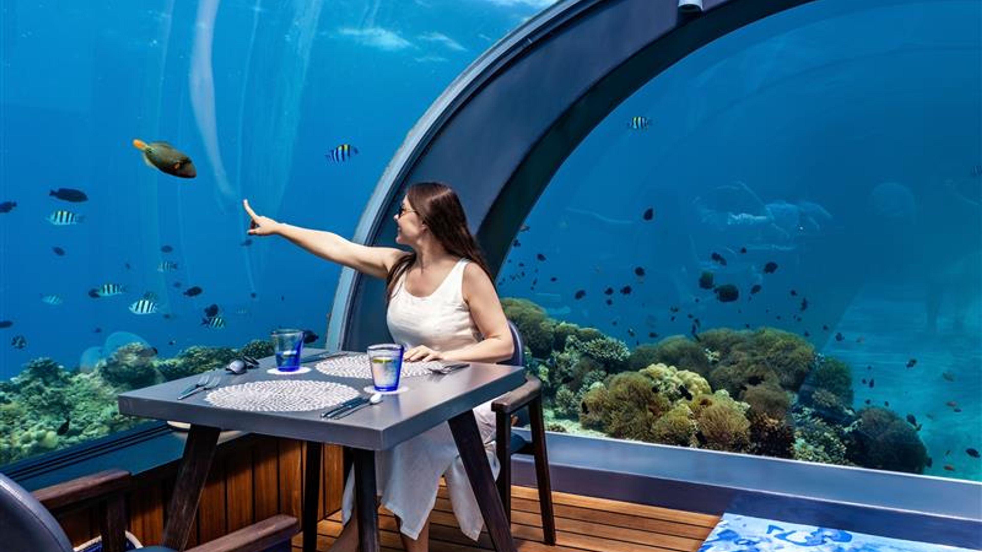 A woman in an underwater hotel room.