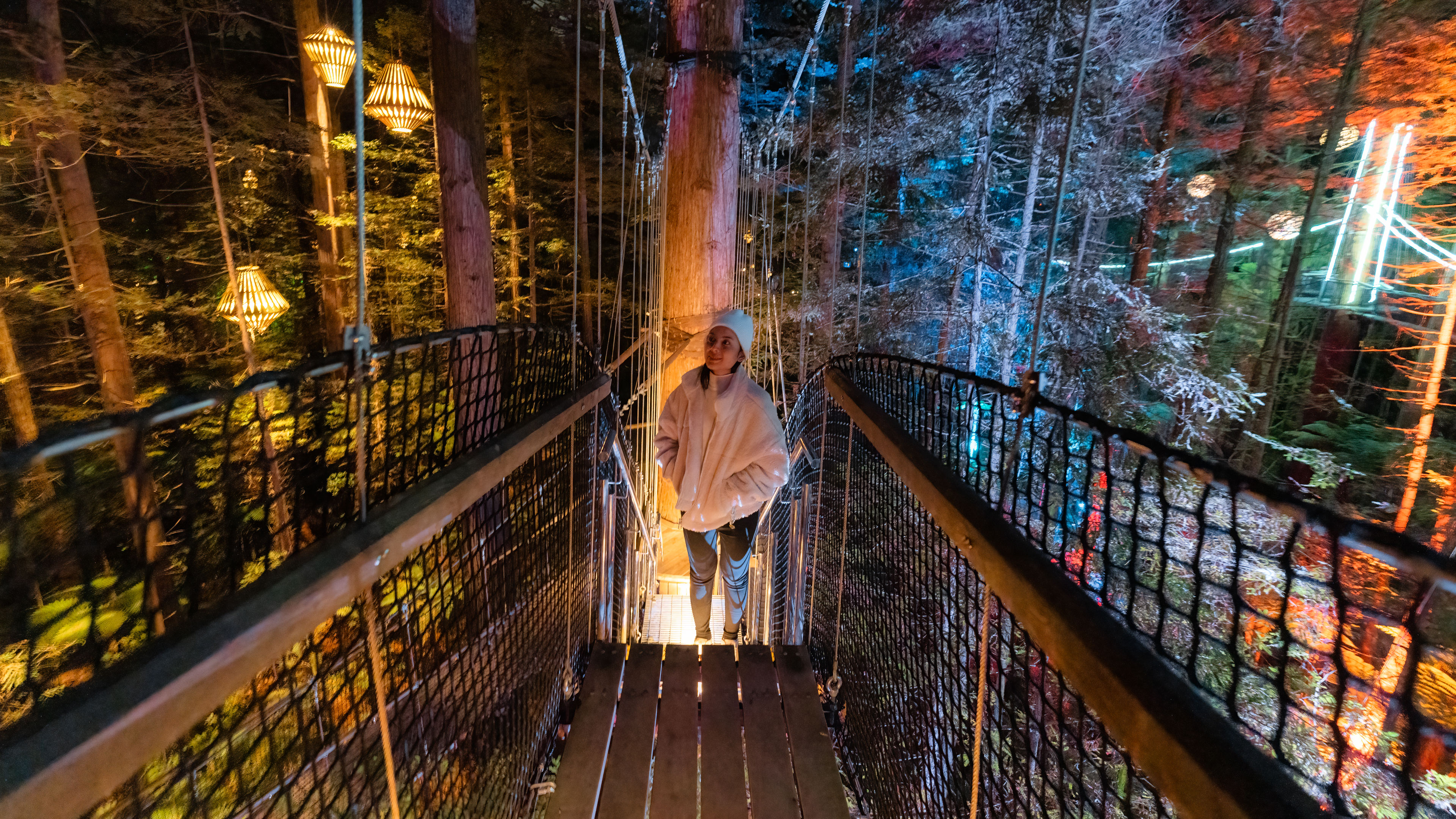 A woman is walking alone on a hanging bridge