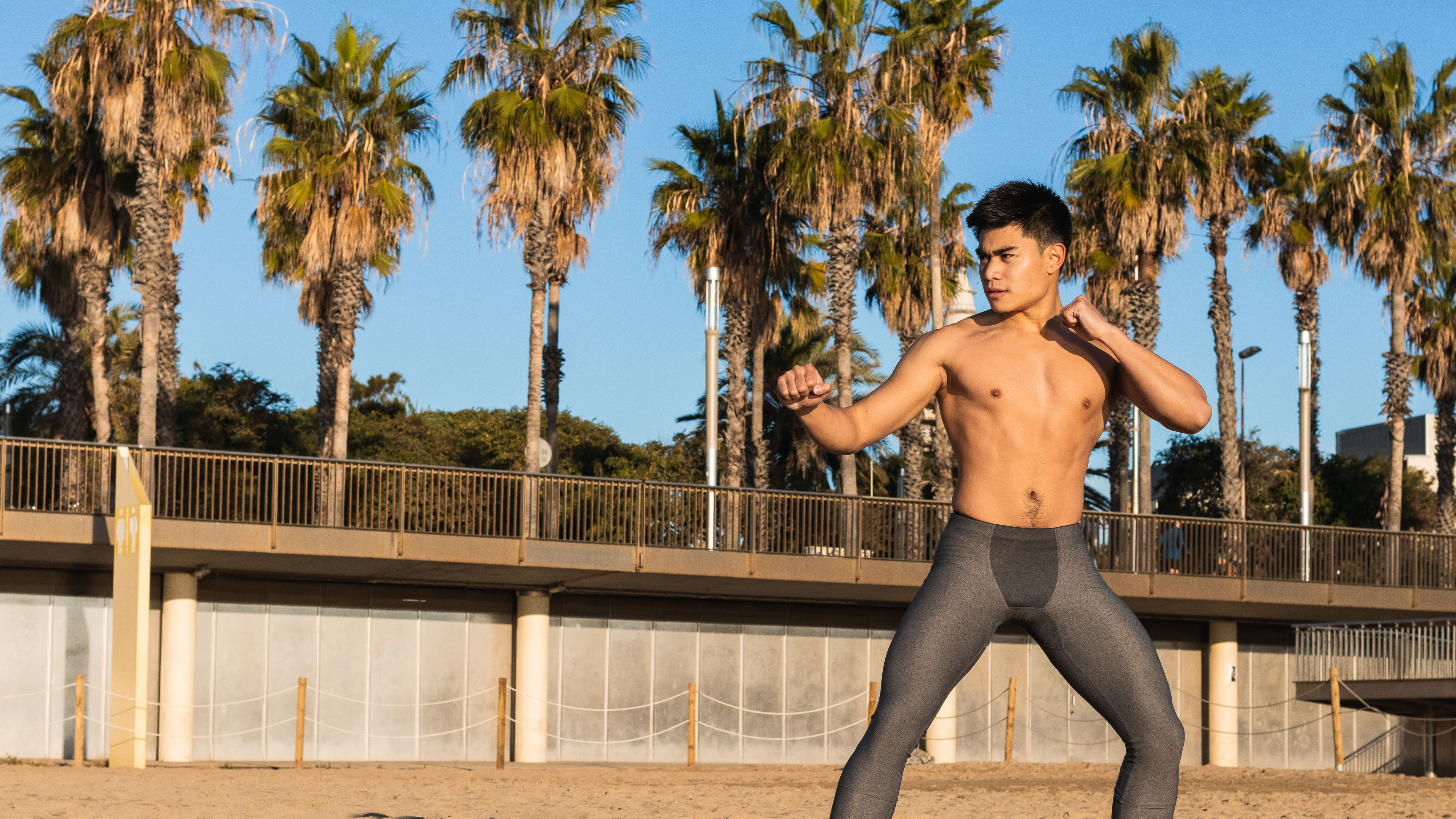 Focused young Asian male with naked torso standing in fighting position